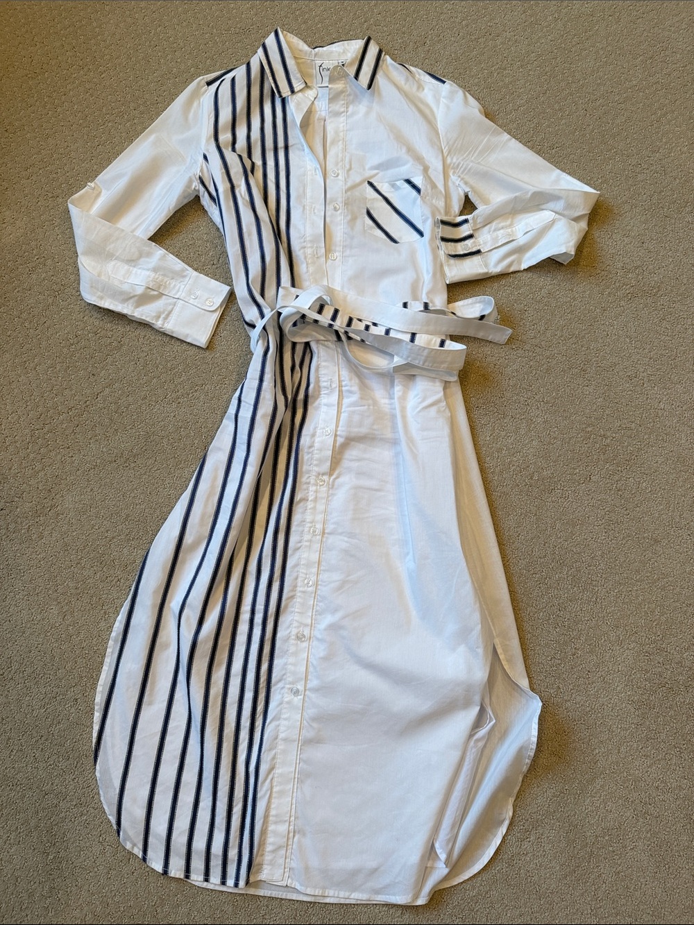 Finley White and Navy Striped Long Sleeve Shirt Dress